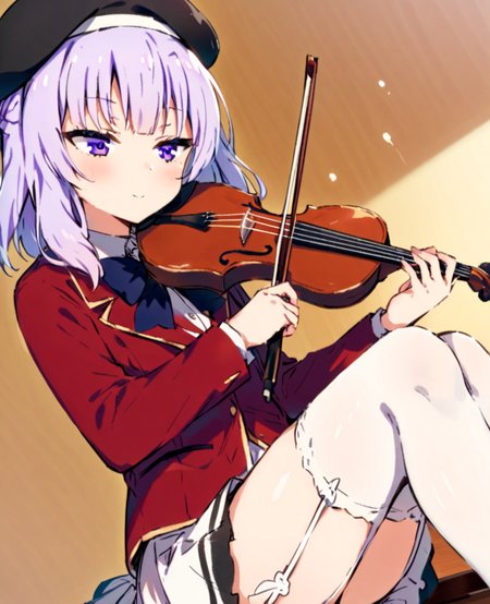 <lora:xtq:0.7>,violin,instrument,playing instrument,holding,bow \(music\),holding instrument,<lora:Vincent_Sketch_Manga:1>,daiton,<lora:Sakayanagi_AnimagineXL31:1>,sakayanagi,1girl,blunt bangs,white hair,purple hair,purple eyes,beret,school uniform,red jacket,collared shirt,bowtie,white skirt,white thighhighs,garter straps,, masterpiece,best quality,very aesthetic,absurdres,8k,<lora:ä¿®æsl:1>,
