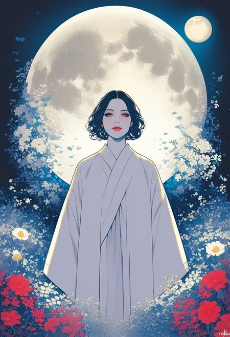 zPDXL3, 1woman, robe, moon, flowers, white skin, highly detailed,   high resolution, best quality, sharp quality,  clear quality, High-definition, smooth image, bright colors, vibrant colors, clean lines,