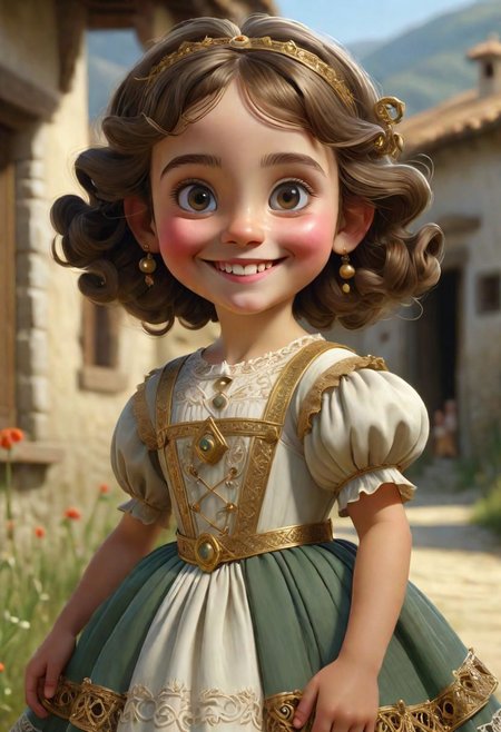 (((masterpiece:1.7))), (((randomly picked cute female child_1.8))), (smiling and happy:1.5),  (full-body shot:2), (randomly picked traditional female costume of Calabria from Arbereshe Community), filigree, 8k, cartoon digital illustration, cute big pixar reflective eyes, unreal engine cinematic smooth, dreamlike, intricate detail, oil on canvas by Mark Ryden, golden ratio, perfect composition, UE5, trending on artstation and cgsociety, soft natural volumetric cinematic perfect light, award-winning photograph, by Anno1313 art style, --chaos