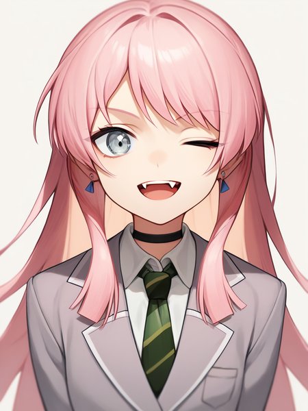score_9,score_8_up,score_7_up,<lora:mygo:1>,chihaya anon, pink hair, long hair, grey eyes, blue eyes, one eye closed, earrings, long sleeves, white shirt, collared shirt, pleated skirt, diagonal-striped clothes, fang, upper teeth only, haneoka school uniform, green necktie, grey jacket, collarbone, black choker