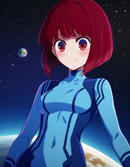 score_9, score_8_up, score_7_up, source_anime, kanaarima, <lora:kana-arima-s1-ponyxl-lora-nochekaiser:1>, kana arima, short hair, bangs, red eyes, red hair, bob cut,, <lora:samus-aran-cosplay-ponyxl-lora-nochekaiser:1>, samusarancosplay, samus aran \(cosplay\), blue bodysuit, bodysuit, covered navel, skin tight, zero suit,, space, planet, earth \(planet\), star \(sky\), galaxy, nebula, moon, blush, smile,, cowboy shot, dutch angle, solo,