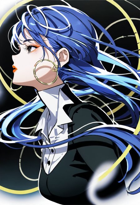 <lora:yoneyamaiXL_il_lokr_V53P1:0.95> 1girl, solo, earrings, jewelry, long hair, blue hair, profile, upper body, hoop earrings, makeup, floating hair, dress, black dress, shirt, from side
