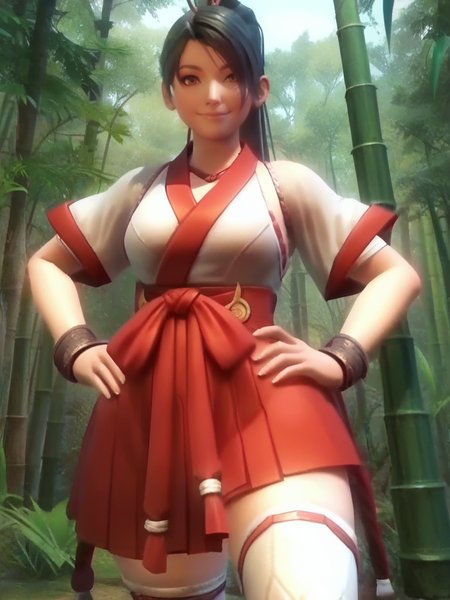 score_9, score_8_up, score_7_up, 1girl, hands on hips, dynamic pose, smile, looking at viewer, bamboo forest, (cowboy shot:1.1), cute pose,
 <lora:AMomiji_character:0.8>, red japanese clothes, white thighhighs, red hakama, ninja, black hair, brown eyes, wide hips, screencap,