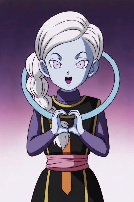 source_anime, score_9, score_8_up, score_7_up, anime screencap,8k, absurd res,
kusu \(dragon ball\), 1girl, solo, braid, single braid, side ponytail, long hair, looking at viewer, smile, open mouth, simple background, white background, purple eyes, white hair, :d, heart, colored skin, blue skin, heart hands, wide-eyed, black dress, cowboy shot, gold trim, neck ring, print dress, purple topwear, raised eyebrows, red sash, sleeveless dress, long sleeves, undershirt, turtleneck
 <lora:kusu_pony_v1:0.8>
