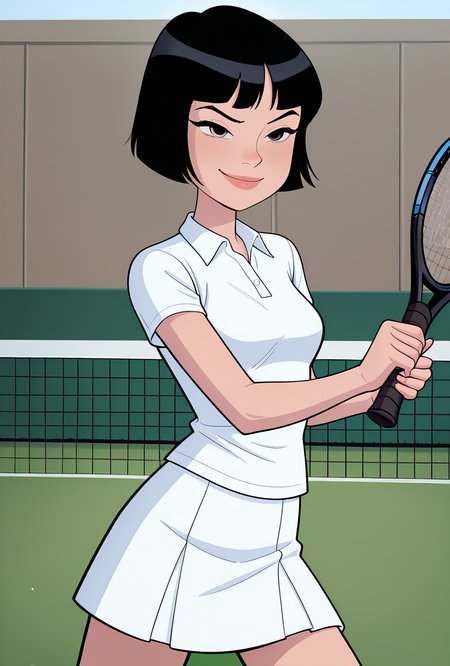 cartoon, screencap,  <lora:julieaf:1> julieaf, 1girl, short hair, black hair, lips, white skirt, white shirt, collar, short sleeves, , smile, pose, expressive face, playing tennis, tennis match, holding tennis bat, dynamic pose,, masterpiece, best quality, amazing quality, very aesthetic, absurdres, newest,