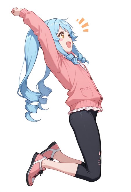 masterpiece,high quality details, absurdres, 
jumping, arms raised, legs bent, happy face, energetic posture,  ,
 <lora:Michiru_Kusagakure:0.8>
michiru_cnr, 1girl, blue hair, long hair, twintails, drill hair, sidelocks, orange eyes, blush stickers,, ^o^,, simple background, white background, from side,solo,, frilled shirt,cardigan,capri pants,  ,cat ear legwear,