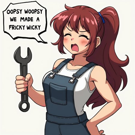 anime woman holding wrench, muscular, text bubble, embarrassed expression, eyes closed, muscular, overalls,  "oopsy woopsy we made a fricky wicky"