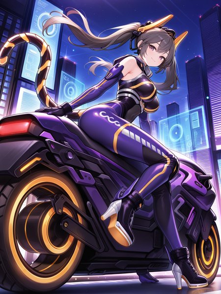 i:p masquerena,official alternate costume,1girl,solo,floating hair,full body,large breasts,smile,purple bodysuit,yellow headgear,mechanical tight tail,black high heels,purple elbow gloves,sitting,looking at viewer,closed mouth,purple motorcycle,on motorcycle,riding,cityscape,from below,highway,cityscape,holographic interface, 
masterpiece,best quality,amazing quality,very aesthetic,absurdres,newest,<lora:Ip masquerena illuXL v1:0.75>,