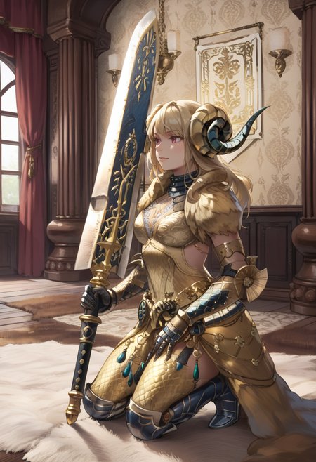 (score_9:0.9),score_8_up,score_7_up,rating_safe,anime style,(zPDXL),<lora:Kulve Taroth Alpha Armor ponyXL v1.3:0.72>,kulve taroth alpha armor, gold dress, gold horn, carpet, solo, greatsword, 1girl, indoors, gold gauntlets, one knee, holding weapon, long hair, blonde hair, weapon over shoulder, huge weapon, holding huge sword,