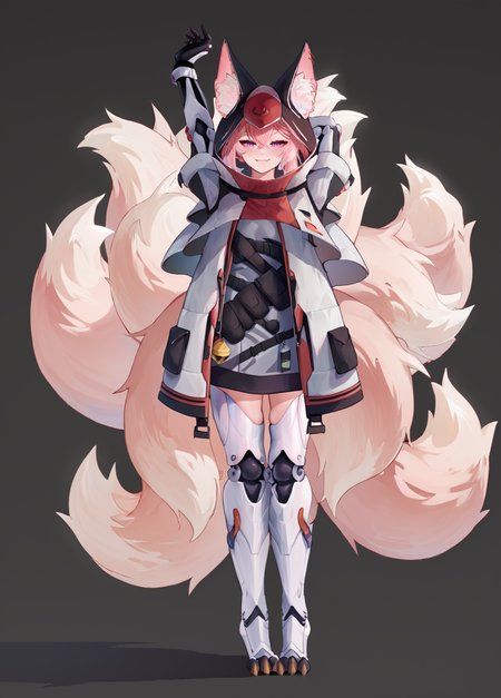 score_9, score_8_up, score_7_up, source_anime, <lora:Meicha:1>1girl, mecha musume, mechanical legs, multiple tails, pink hair, fox ears, purple eyes, breasts,  piercing, bangs, animal ear fluff, large breasts, ponytail, mole under eye, small fang,  hair ornament,white jacket,  jacket, bell, capelet, dress, sweater, hood, hood up, smug smile, full body <lora:zy_Detailed_Backgrounds_v1:1.05> Detailed bedroom, stretching, sexy pose, standing