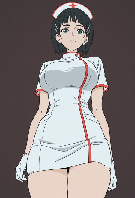 masterpiece, best quality, <lora:Devilman_Babycry:1> D3v1lm4nB4b1cr1,
1girl, solo,
From below
looking at viewer, light smile,
kirigaya suguha, short hair, green eyes, black hair, hair ornament,  
nurse cap, nurse, miniskirt, gloves, skindentation, see-through clothes, 
simple background, dark brown  background,