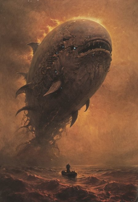 best quality,masterpiece,solo,A mechanical whale swims in an oil-black ocean,worm metal,rust,detailed reflections,waves,caustics,glow,energy sparks,mist,strong light beams, surreal and dystopian, post-apocalypse, by zdzislaw beksinski,Marc Simonette,franz marc, Thunderstorm, Renaissance,  Cryptic, (Sepia), (Space),  (Pointillism), (Infrared:1.2), Polygon, ultra detailed, intricate, oil on canvas, dry brush, (surrealism), (disturbing), dramatic lighting, professional, excellent composition, ultimate detail level, visualy stunning,  mesmerizing and otherworldly visual experience, unprecedented, extraordinary, innovative, experimental, visionary, boundary-pushing, beyond reality  absolutely outstanding,  dynamic, (double exposure), very detailed background