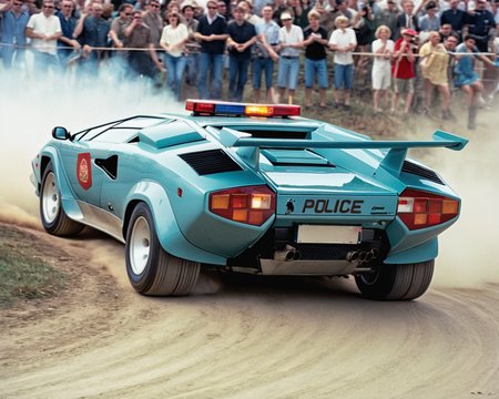 analog film photo car rally magazine photograph of a (police Lamborghini Countach:1.4) (((rally car))) jumping, big air time, rally jump, action motion blur dust LP5000 <lora:add-detail-xl:2> <lora:LP5000-SDXL-V1.2:1>, (police lights on the roof, searchlights on roof:1.3) . faded film, desaturated, 35mm photo, grainy, vignette, vintage, Kodachrome, Lomography, stained, highly detailed, found footage
