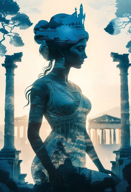 silhouette of a priestess princess filled with a greek temple scenery, double exposure, crisp lines, double exposure background, hyperdetailed, concept art