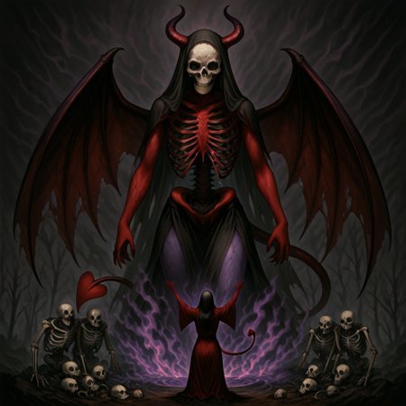 masterpiece, best quality, newest, absurdres, highres, anime, anime style, 1girl, demon girl, Purple skin, 
1girl, red skin, red colored skin, demon girl, succubus, demon horns, horns, demon wings, demon tail, wings, horror (theme), monster girl, skull, skull mask, bones, skeleton, veil, veiled face, mask,
, giantess giant, size difference