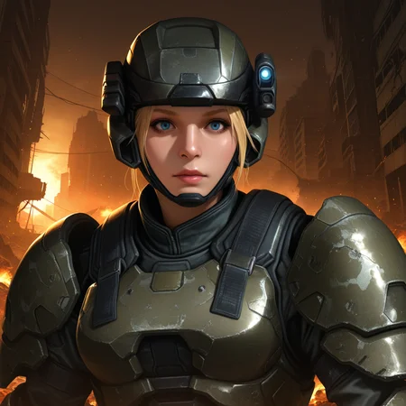 Masterpiece, high-res, 2k, best quality, 2.5d, realistic, 1 girl ,  fem marine, helmet, headlight , armor, blonde hair, blue eyes , realistic, military, gray camouflage, black balaclava,  face cover , scifi , medium shot, in a destroyed city<lora:fem_marine_illus-000049:1>