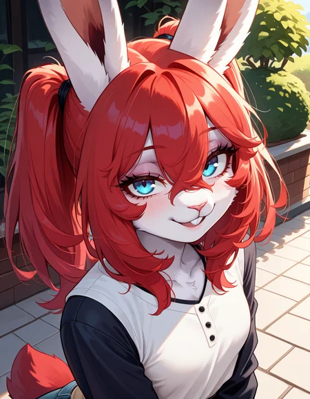 masterpiece, best quality, very aesthetic, absurdres,
outdoors,
headshot, 
casual, 
seductive smile, parted lips, long eyelashes,
<lora:Naili_v01_NAIXL:1>
Naili,1girl,solo,furry,furry female, rabbit girl, rabbit ears, red hair, twintails, bangs, hair between eyes, blue eyes, snout, animal nose, buck teeth, body fur, white fur, rabbit tail,