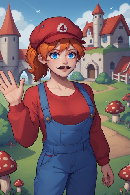 score_9, score_8_up BREAK 1girl, solo, <lora:NSMechanicTerraria:0.9> NSMechanicTerraria, blue eyes, orange hair, ponytail, medium hair, red sweater, cabbie hat, red hat, brown jacket, fake mustache, black mustache, blue overalls, outdoors, waving, castle, mushrooms