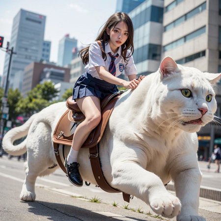 raw photo, ultra realistic,
((1girl wearing school uniform and rideing on (a giant-sized white cat) running in city)), cat is open mouth,
((taipei city)), dutch angle, looking at viewer,
(masterpiece, 8k uhd, HDR, extreme detailed, intricate details, best quality, professional, vivid colors),
<lora:miniature_V1:0.5>, <lora:GoodHands-beta2:1>, Chi_testv1