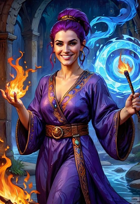 fantasy art, art, oil painting, digital painting, a medium color portrait illustration of an female purple-haired wizard with a ponytail wearing long loose flowing intricately embroidered blue caftan smiling, (casting a spell)masterpiece, best quality, highly detailed (dungeon background), mage_glam, pouches, belts, (large glowing runed circles), ((fire and ice)),  <lora:blackMageFashion_v11:0.5>, highly detailed face, ultra high resolution ,