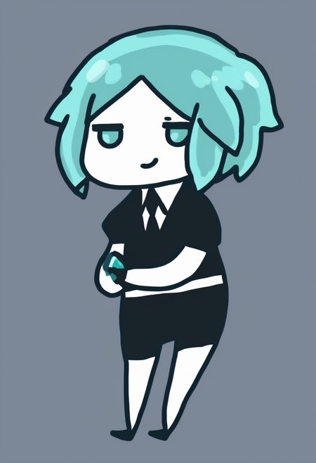 chibi, masterpiece, best quality, <break> simple background, full body, solo, 1other, phosphophyllite, houseki no kuni, smirk, short hair, aqua hair, gem uniform \(houseki no kuni\)