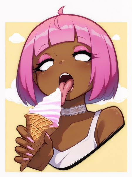1girl, dark-skinned female, foodgasm, kageoji, sensitive,

pink hair, short hair, blunt bangs, bob cut, ahoge, 

(blank eyes:1.4), long eyelashes, pink eyeshadow, makeup, looking at viewer, half-closed eyes, 

blush, licking ice cream, licking, long tongue, tongue out, open mouth, eating, 

pink choker, lace choker, 

hand up, long fingernails,  holding, melting, ice cream, 

cropped torso, upper body, solo, shadow, pastel colors, black outline, lineart, 

yellow background, cloud background, white background, 

masterpiece, best quality, very awa, highres, newest