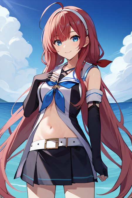 score_9, score_8_up, score_7_up, source_anime, rating_safe, intricate details, 1girl, <lora:PONY_Kawakaze:1>, kawakaze, long hair, red hair, blue eyes, ahoge, low twintails, very long hair, white hairband, red_hair_ribbon, monochromatic sleeveless shirt, fingerless gloves, black elbow gloves, white belt, blue neckerchief, tummy, navel, black skirt, cowboy shot, looking at viewer, outdoor, smile, hand on chest, ocean behind, five fingers