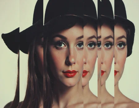 a photograph with a collage effect. It features a woman wearing a hat. The image is divided into vertical stripes, creating a layered, fragmented appearance. The woman's face is partially obscured by the layers, adding a mysterious, abstract quality.