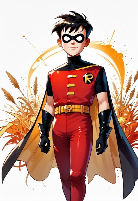 DarirStyle
score_9, score_8_up, score_7_up, highly detailed, cute boy, 1boy, solo,  Robin, Domino Mask, Gloves, Cape