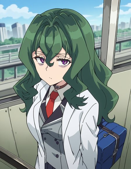 score_9, score_8_up, score_7_up, source_anime, <lora:hyouka-fuwa-s1-ponyxl-lora-nochekaiser:1>, hyouka fuwa, long hair, hair between eyes, purple eyes, green hair, bags under eyes, medium breasts,, labcoat, skirt, school uniform, pleated skirt, necktie, black skirt, red necktie, grey blazer, long sleeves,, train station, waiting for train, suitcase, traveling, commute, city skyline, hands behind back, , from above,, looking at viewer, solo,, dutch angle, cowboy shot