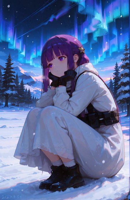 perfect quality,high quality,masterpiece,best quality,amazing quality,very aesthetic,absurdres,Cinematic Lighting,newest,Tactical use of shadow,
FERNCYQL,1girl,solo,purple hair,blunt bangs,straight hair,sidelocks,purple eyes,long hair,
aurora,verysitting,twintails,snow,star(sky),sky,night,starrysky,dress,outdoors,nightsky,gloves,tree,snowing,winter,dated,socks,
<lora:USNR STYLE_XL_loha:0.45>,usnr,<lora:spo_sdxl_10ep_4k-data_lora_webui:0.5>,<lora:illustrious_all_rated_v1:0.6>,<lora:ponyv5_noobV065S_1_adamW:0.7>,<lora:748cmSDXL:0.8>,748cmstyle,<lora:DarkerThanBlackIllustrious:0.5>,<lora:FERN_Illustrious by Cyql:1>,