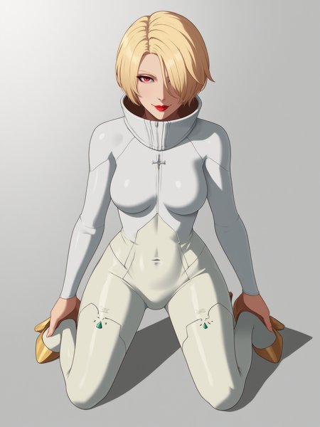 uncensored, score 9 up, score 8 up,
 <lora:Guilty_Gear_Strive_Sanctus_Maximus_Populi_Ariels_Character_PonyXL:.6>sanctus_maximus_populi_ariels_strive, 1girl, short hair, blonde hair, high collar, hair over one eye, white bodysuit, looking at viewer, red eyes, long sleeves, smile, lipstick, skin tight, red lips, makeup, high heels, medium breasts