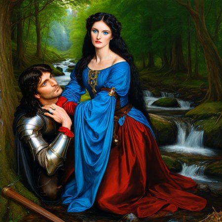 (masterpiece, best quality, highly detailed, realistic), professional portrait of preraph as morgan le fay enchantong a male knight who os kneeling before her, working her magic with jer hand on the bacll of his neck, medieval garb, beautiful woodland stream, long black hair, blue eyes, facing the viewer, very close up, knoght on hos knees in the foreground looking at preraph,
<lora:Pre-Raphaelite_Model_SDXL:1> preraph