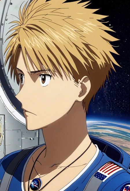 high resolution, solo, best quality, 1Boy, Yamato Ishida, Blond Hair, Necklace, NASA, Rocket Launch Site, OverallDetail