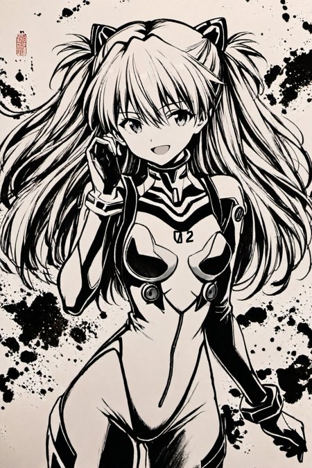 monochrome,greyscale,ink \(medium\),1girl,long hair,plugsuit,bodysuit,souryuu asuka langley,pilot suit,bracer,smile,open mouth,bangs,turtleneck,solo,cowboy shot,:d,gloves,looking at viewer,headgear,two side up,adjusting hair,narrow waist,standing,hand up,hair ornament,from side,skin tight,traditional media,Ink background,
<lora:okazu_illustriousXL:1>,