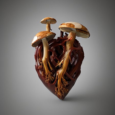 heartart,realistic wood heart  made out of  thorns, (mushrooms:1.5),  photohelper, render, cgi, 3d, extremely detailed,colored backdrop