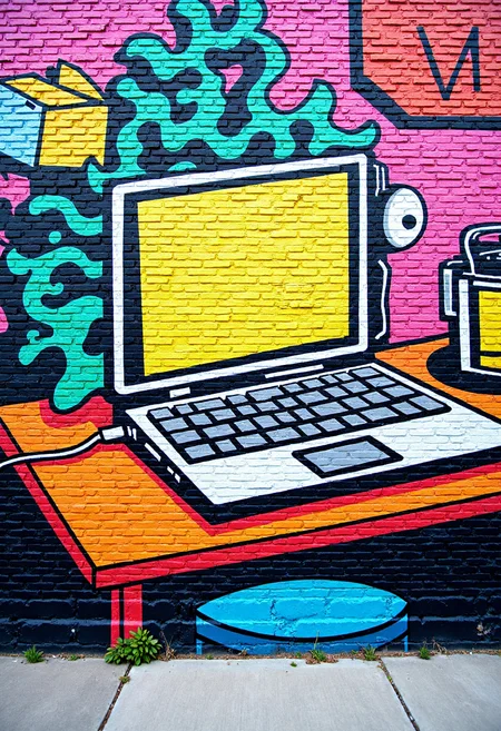 <lora:Brick_Wall_Graffiti_FLUX:1>
This is a vibrant, detailed photograph of a mural painted on a brick wall. The mural features a stylized, cartoonish depiction of  a laptop on a desk