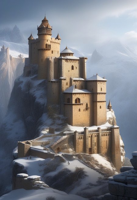 a castle on a (rock spire), battlement, Machicolations, a stairway to the keep, doorway,  mountain in background, very wide shot, fantasy, atmospheric effects, snow, best quality, masterpiece, realistic, photo-realistic, amazing, finely detail, ultra-detailed, highres, extremely detailed, 8k wallpaper