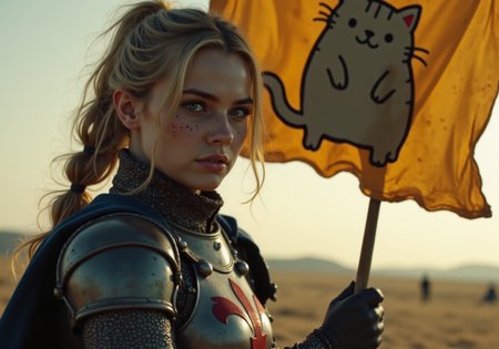 side angle cinematic still of a pretty early 20's female with blonde braided hair wearing ornate knight's templar armor holding a banner with simple cartoon pusheen gray cat on it, the banner is large and unfurled in the wind, she has light freckles and blue eyes and has a demure facial expression<lora:cheats.safetensors:1.0:1.0>