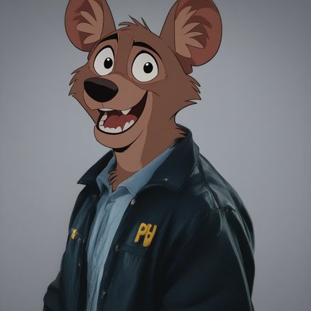 score_9, score_8_up, score_7_up, score_6_up, score_5_up, score_4_up, solo, 1 boy, FBI-Yena, Hyaenidae, Disney, Cartoon Character, Anthro Hyena, African Wild Dog, Furry Male, Tan fur, animal ears, black nose, black eyes, furry ears, real clothes, FBI Jacket, live-action clothes, laughing, headshot,