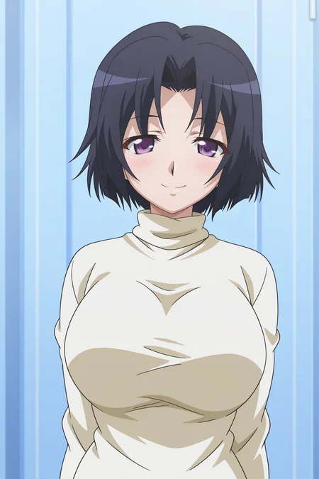 masterpiece, best quality, absurdres, highres, source anime, very aesthetic, very awa, BREAK, anime coloring, anime screencap,
<lora:swing_out_sisters_v1-illustrious_r1:1>, 1girl, chiyo \(swing out sisters\), purple eyes, black hair, short hair, large breasts,
BREAK, looking at viewer, smile,
BREAK,   turtleneck, sweater, long sleeves,