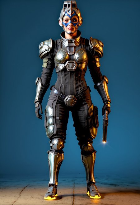 badass Grineer, grineer lancer, teal grineer,  Wearing mask, mask on, grineer mask, grineer mask on, yellow eyes,  1boy, grineer lancer outfit, wearing grineer mask, holding gun, grineer gun, grakata, holding grakata, 
(Grineer mask), , (dark shot:1.17), ((epic)) realistic, faded, , art, (hdr:1.5), (muted colors:1.2), hyperdetailed, (artstation:1.5), cinematic, warm lights, dramatic light, (intricate details:1.1), complex background, (rutkowski:0.8),((full body:1.9)), by Blizzard entertainment, big armor, l, wearing corpus helmet, low light, facing camera, lot of details, detailed armor, half side portrait, on corpus tileset, (night time),