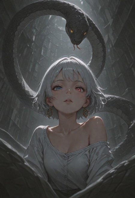best quality, amazing quality, very  esthetic, newest, scenery, high-resolution, masterpiece, detailed eyes, perfect eyes, realistic eyes, depth of  field, low angle, bend backward,
1girl, solemn, confident, heterochromia, looking viewer ,solo ,silver hair, short hair, open shoulder, snake trimmed,  earrings,  jewelry, gloves,
bloom, snake style, volumetric lighting,  (fighting stance:0.7).