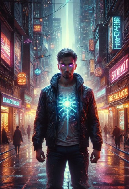 score_9,score_8_up,score_7_up, A soon to be unemployed blue robot, 1 man, futuristic cyberpunk cityscape background, neon lights and brightly lit marquees, wet streets reflect the neon glow of the city, analog photography, ultrarealistic, hdr, Cyberspace, psych3delic