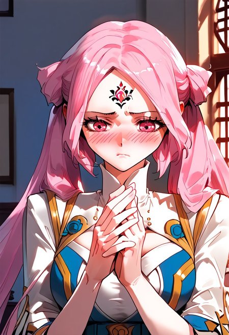score_9,score_8_up,score_7_up,score_6_up,source_anime, (best quality), (masterpiece), (extremely detailed), (finely detailed), (detailed face, perfect face, perfect eyes, beautiful detailed shading), (perfect hands), (full colors), blush, 
BREAK, 
cowboy shot, upper body,
1girl, solo, 纳兰嫣然, pink hair, twintails, long hair, pink eyes, large breasts