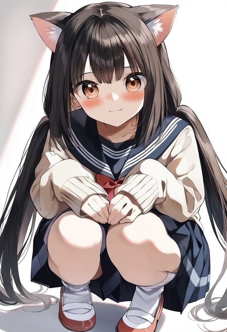score_9, score_8_up, score_7_up, source_anime, hi res, masterpiece, best quality, highres, cat girl, rkanime_ps, 1girl, solo, twintails, school uniform, long hair, black hair, brown eyes, skirt, sailor collar, blush, black sailor collar, squatting, black skirt, white socks, closed mouth, bangs, red bow, socks, serafuku, bow, looking at viewer, smile, long sleeves, low twintails, pleated skirt, brown sweater, brown cardigan, very long hair, sweater, sleeves past wrists