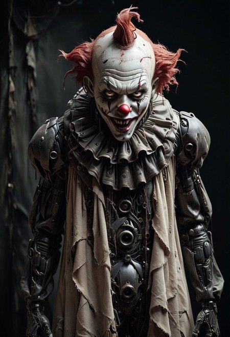 (Pointing Finger At Viewer), a vintage photo depicting a mechanical hybrid seer cyborg giant costumed AS Horror Freak Clown emerging from a tattered linen cloak, adorned with numerous eyes, infront a dystopian, neon dark backdrop, distorted shapes,
very detailed, atmospheric haze, Film grain, cinematic film still, shallow depth of field, highly detailed, high budget, cinemascope, moody, epic, OverallDetail, gorgeous, 2000s vintage RAW photo, photorealistic, candid camera, color graded cinematic, eye catchlights, atmospheric lighting, skin pores, imperfections, natural, shallow dofintricate, elegant, fantasy art, portrait, dark, retro, ecstatic, plain, powerful, realistic, profoundly red dark color