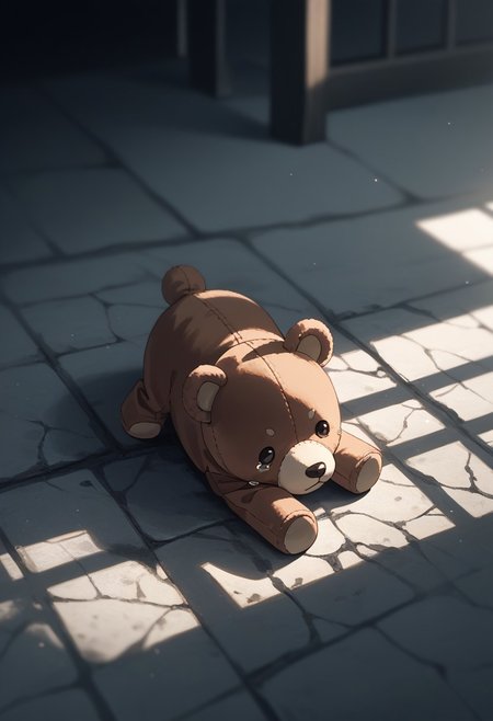 masterpiece, best quality, high quality, high details, source_anime, score_9, score_8_up, score_7_up, extremely detailed,
anime child holding broken teddy bear, sitting on the ground, teary-eyed, soft light from above, background slightly blurred, focus on emotional expression, cinematic lighting, muted warm tones, dramatic close-up