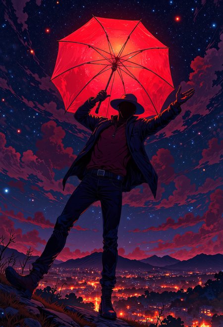 A silhouette of a man in a hat in the iconic arm and leg spread out wide pose, holding a glowing red umbrella and floating in the night sky, vibrant glow