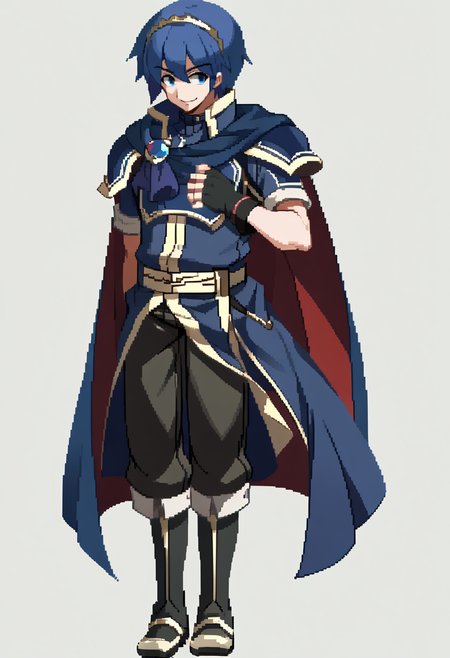 score_9, score_8_up, score_7_up, source_anime, BREAK, solo, 1boy, smile, looking at viewer,  <lora:Under-Night-In-Birth-SpritesV2-pdxl_Fp:1>, simple background, full body, standing,  <lora:Marth-pdxl_Fp:1>, marthfe, blue hair, blue eyes, short hair, tiara, blue tunic, armor, cape, fingerless gloves, hand on own chest, floating clothes,